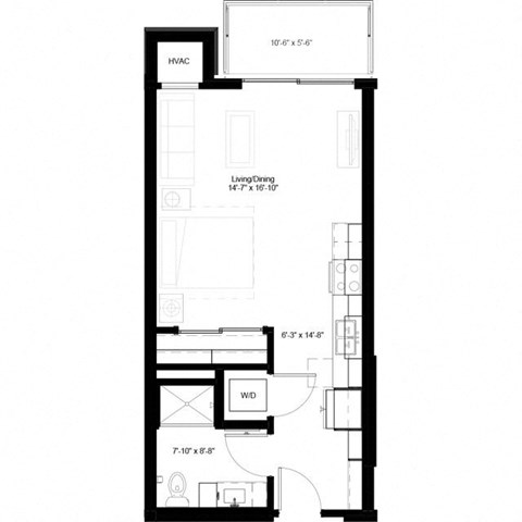 Floor plan for studio, 1 bath, 492 sqft